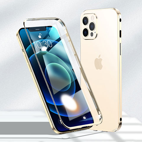 Funda Bumper Lujo Marco de Aluminio Espejo 360 Grados Carcasa N01 para Apple iPhone 12 Pro Max Oro