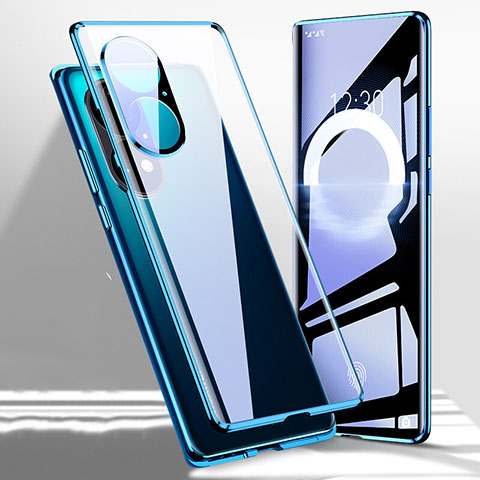 Funda Bumper Lujo Marco de Aluminio Espejo 360 Grados Carcasa P01 para Huawei P50 Pro Azul