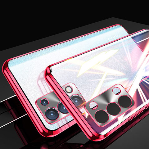 Funda Bumper Lujo Marco de Aluminio Espejo 360 Grados Carcasa P01 para Oppo Reno6 Pro 5G Rojo