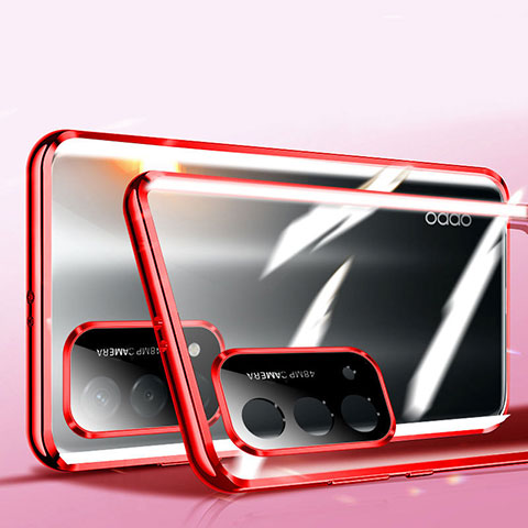 Funda Bumper Lujo Marco de Aluminio Espejo 360 Grados Carcasa P02 para Oppo A53s 5G Rojo