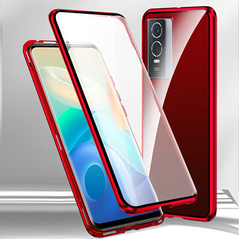 Funda Bumper Lujo Marco de Aluminio Espejo 360 Grados Carcasa P02 para Vivo Y74s 5G Rojo