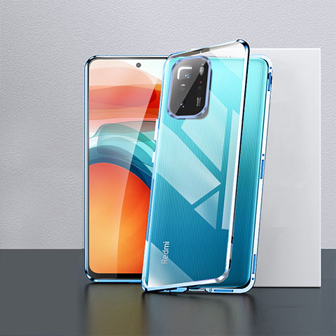 Funda Bumper Lujo Marco de Aluminio Espejo 360 Grados Carcasa P02 para Xiaomi Redmi Note 10 Pro 5G Azul