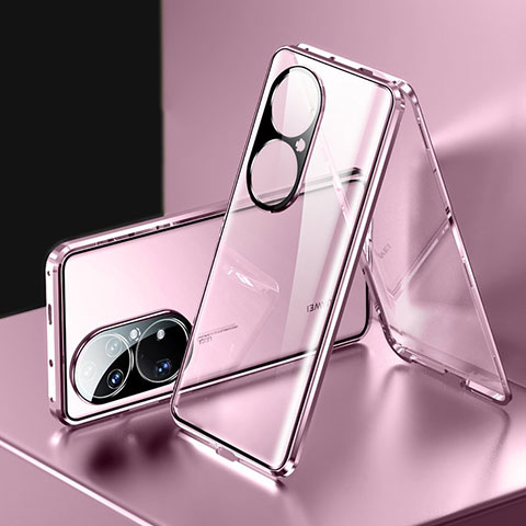 Funda Bumper Lujo Marco de Aluminio Espejo 360 Grados Carcasa para Huawei P50 Pro Oro Rosa