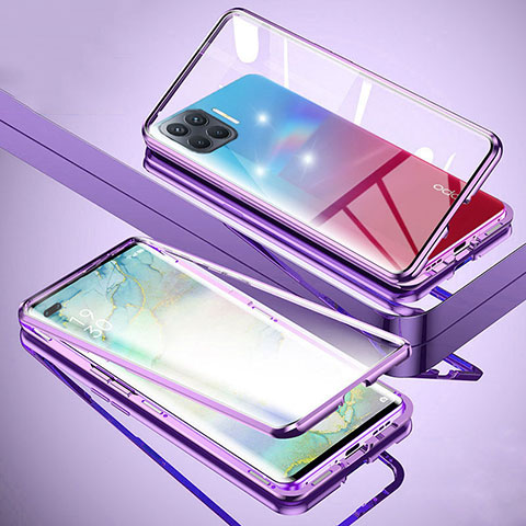 Funda Bumper Lujo Marco de Aluminio Espejo 360 Grados Carcasa para Oppo F17 Pro Purpura Claro