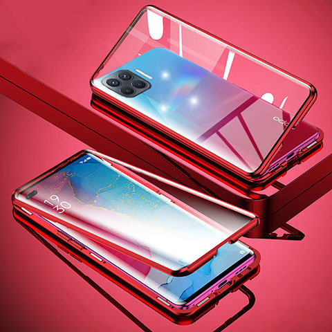 Funda Bumper Lujo Marco de Aluminio Espejo 360 Grados Carcasa para Oppo F17 Pro Rojo