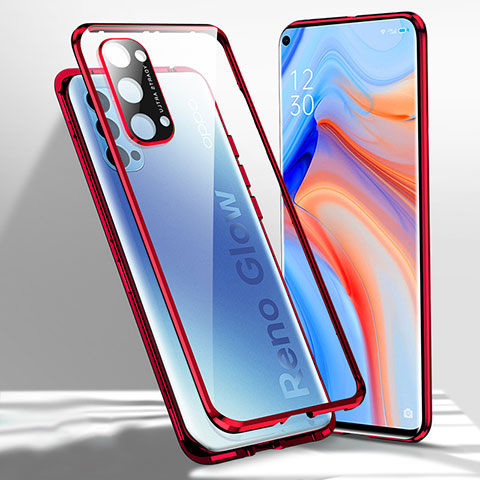 Funda Bumper Lujo Marco de Aluminio Espejo 360 Grados Carcasa para Oppo Reno4 Pro 5G Rojo