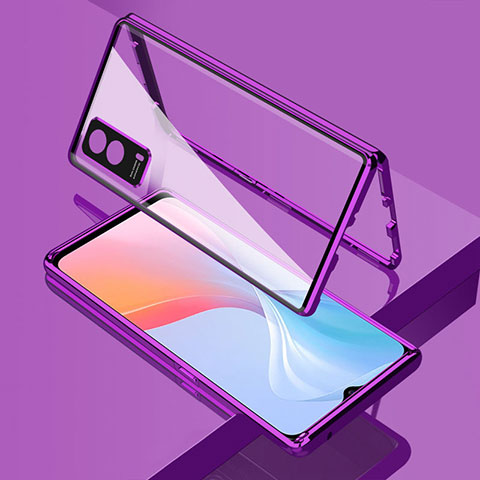 Funda Bumper Lujo Marco de Aluminio Espejo 360 Grados Carcasa para Vivo iQOO Z5x 5G Morado