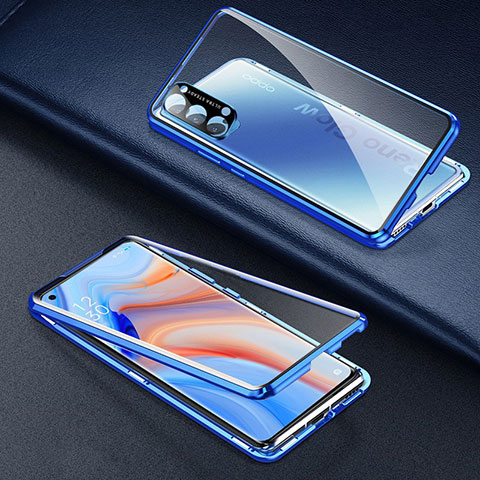 Funda Bumper Lujo Marco de Aluminio Espejo 360 Grados Carcasa T03 para Oppo Reno4 5G Azul