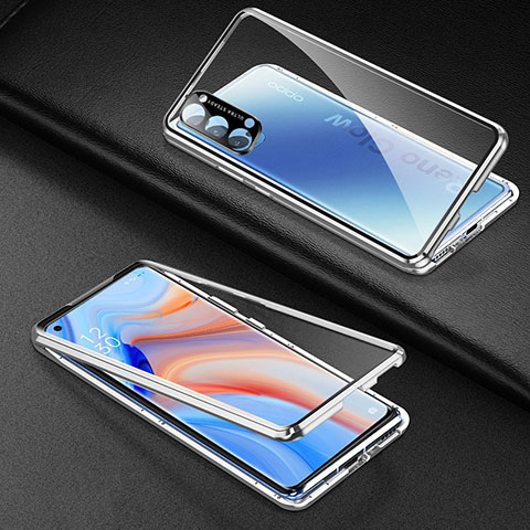 Funda Bumper Lujo Marco de Aluminio Espejo 360 Grados Carcasa T03 para Oppo Reno4 5G Plata