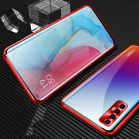 Funda Bumper Lujo Marco de Aluminio Espejo 360 Grados Carcasa T04 para Oppo Reno3 Pro Rojo