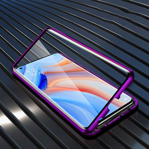 Funda Bumper Lujo Marco de Aluminio Espejo 360 Grados Carcasa T05 para Oppo Reno4 5G Morado