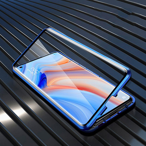 Funda Bumper Lujo Marco de Aluminio Espejo 360 Grados Carcasa T05 para Oppo Reno4 Pro 5G Azul