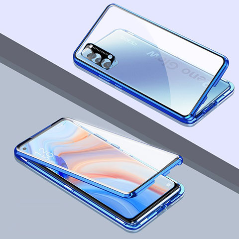 Funda Bumper Lujo Marco de Aluminio Espejo 360 Grados Carcasa T06 para Oppo Reno4 Pro 5G Azul