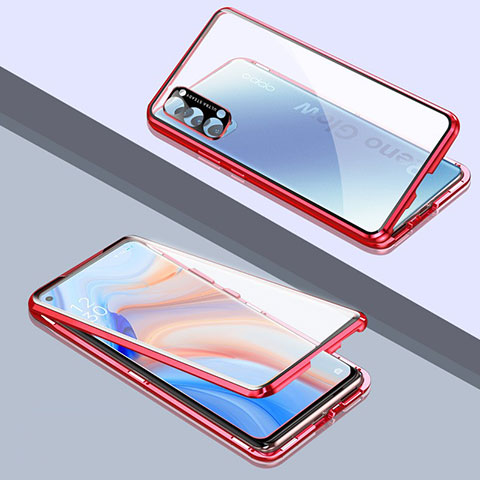 Funda Bumper Lujo Marco de Aluminio Espejo 360 Grados Carcasa T06 para Oppo Reno4 Pro 5G Rojo