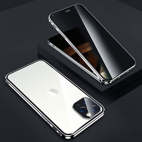 Funda Bumper Lujo Marco de Aluminio Espejo 360 Grados Carcasa Z05 para Apple iPhone 14 Pro Max Plata