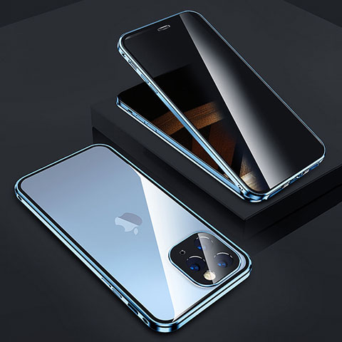 Funda Bumper Lujo Marco de Aluminio Espejo 360 Grados Carcasa Z05 para Apple iPhone 15 Pro Azul