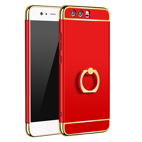 Funda Bumper Lujo Marco de Metal y Plastico Carcasa con Anillo de dedo Soporte A01 para Huawei P10 Plus Rojo