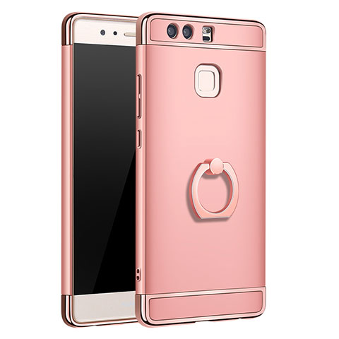 Funda Bumper Lujo Marco de Metal y Plastico Carcasa con Anillo de dedo Soporte A01 para Huawei P9 Oro Rosa