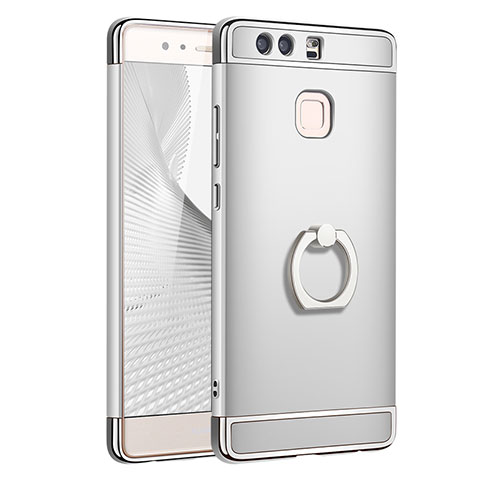 Funda Bumper Lujo Marco de Metal y Plastico Carcasa con Anillo de dedo Soporte A01 para Huawei P9 Plata