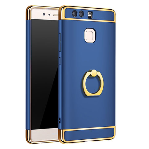 Funda Bumper Lujo Marco de Metal y Plastico Carcasa con Anillo de dedo Soporte A01 para Huawei P9 Plus Azul