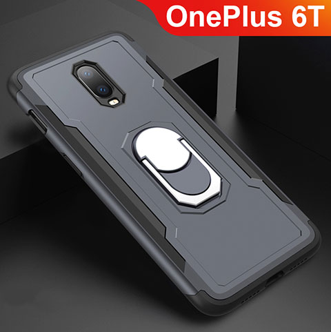 Funda Bumper Lujo Marco de Metal y Plastico Carcasa con Anillo de dedo Soporte A01 para OnePlus 6T Gris