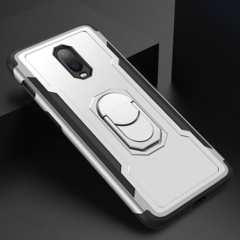 Funda Bumper Lujo Marco de Metal y Plastico Carcasa con Anillo de dedo Soporte A01 para OnePlus 6T Plata