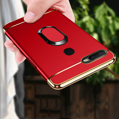 Funda Bumper Lujo Marco de Metal y Plastico Carcasa con Anillo de dedo Soporte A01 para Oppo A7 Rojo