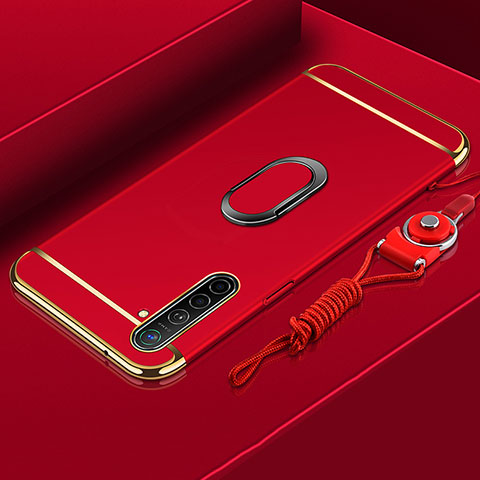 Funda Bumper Lujo Marco de Metal y Plastico Carcasa con Anillo de dedo Soporte A01 para Realme XT Rojo