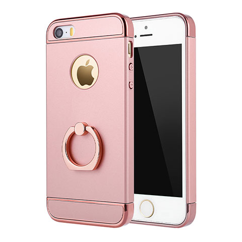 Funda Bumper Lujo Marco de Metal y Plastico Carcasa con Anillo de dedo Soporte A02 para Apple iPhone 5 Rosa