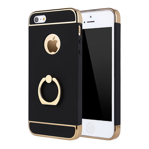 Funda Bumper Lujo Marco de Metal y Plastico Carcasa con Anillo de dedo Soporte A02 para Apple iPhone SE Negro