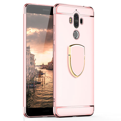 Funda Bumper Lujo Marco de Metal y Plastico Carcasa con Anillo de dedo Soporte A02 para Huawei Mate 9 Oro Rosa