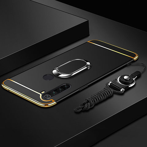 Funda Bumper Lujo Marco de Metal y Plastico Carcasa con Anillo de dedo Soporte K01 para Xiaomi Redmi Note 8 (2021) Negro