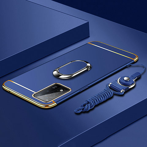 Funda Bumper Lujo Marco de Metal y Plastico Carcasa con Anillo de dedo Soporte P01 para Oppo A93s 5G Azul