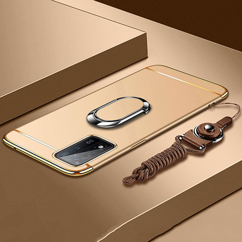 Funda Bumper Lujo Marco de Metal y Plastico Carcasa con Anillo de dedo Soporte P01 para Oppo A93s 5G Oro