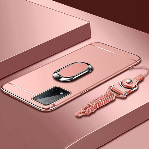 Funda Bumper Lujo Marco de Metal y Plastico Carcasa con Anillo de dedo Soporte P01 para Oppo A93s 5G Oro Rosa