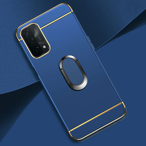 Funda Bumper Lujo Marco de Metal y Plastico Carcasa con Anillo de dedo Soporte P02 para Oppo A74 5G Azul