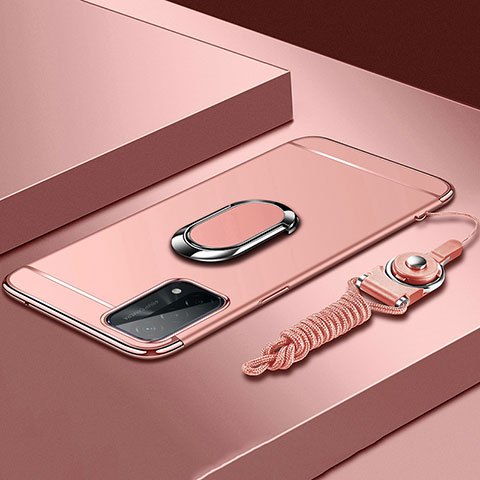 Funda Bumper Lujo Marco de Metal y Plastico Carcasa con Anillo de dedo Soporte P03 para Oppo A54 5G Oro Rosa