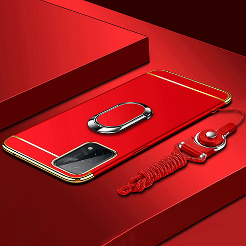 Funda Bumper Lujo Marco de Metal y Plastico Carcasa con Anillo de dedo Soporte P03 para Oppo A54 5G Rojo