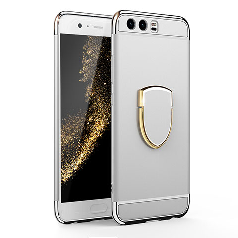 Funda Bumper Lujo Marco de Metal y Plastico Carcasa con Anillo de dedo Soporte para Huawei P10 Plata