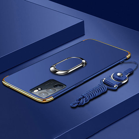 Funda Bumper Lujo Marco de Metal y Plastico Carcasa con Anillo de dedo Soporte para Oppo Reno6 5G Azul