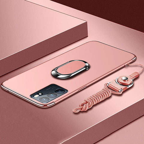 Funda Bumper Lujo Marco de Metal y Plastico Carcasa con Anillo de dedo Soporte para Oppo Reno6 5G Oro Rosa