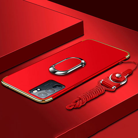 Funda Bumper Lujo Marco de Metal y Plastico Carcasa con Anillo de dedo Soporte para Oppo Reno6 5G Rojo