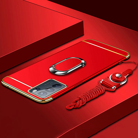 Funda Bumper Lujo Marco de Metal y Plastico Carcasa con Anillo de dedo Soporte para Oppo Reno6 Pro 5G India Rojo