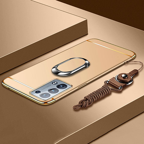 Funda Bumper Lujo Marco de Metal y Plastico Carcasa con Anillo de dedo Soporte para Oppo Reno6 Pro 5G Oro