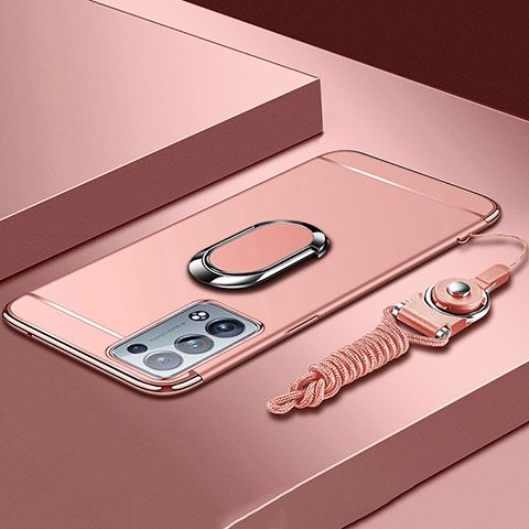 Funda Bumper Lujo Marco de Metal y Plastico Carcasa con Anillo de dedo Soporte para Oppo Reno6 Pro 5G Oro Rosa