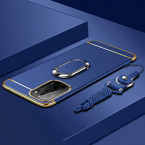 Funda Bumper Lujo Marco de Metal y Plastico Carcasa con Anillo de dedo Soporte para Xiaomi Poco F3 5G Azul