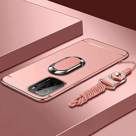 Funda Bumper Lujo Marco de Metal y Plastico Carcasa con Anillo de dedo Soporte para Xiaomi Redmi K40 Pro+ Plus 5G Oro Rosa