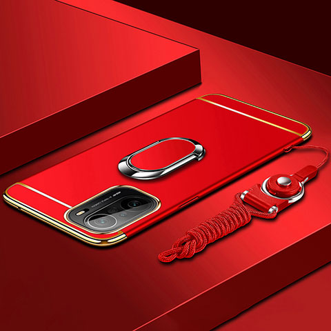 Funda Bumper Lujo Marco de Metal y Plastico Carcasa con Anillo de dedo Soporte para Xiaomi Redmi K40 Pro+ Plus 5G Rojo