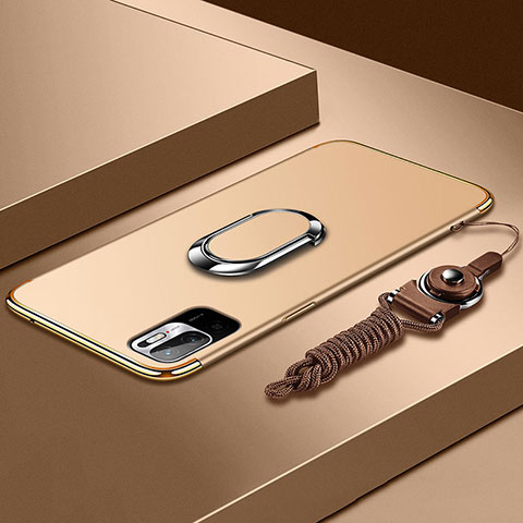 Funda Bumper Lujo Marco de Metal y Plastico Carcasa con Anillo de dedo Soporte para Xiaomi Redmi Note 10 5G Oro