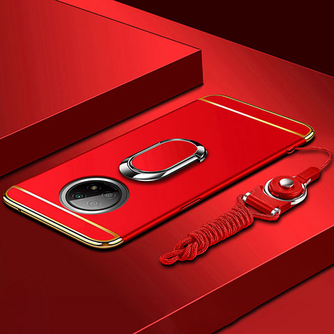 Funda Bumper Lujo Marco de Metal y Plastico Carcasa con Anillo de dedo Soporte para Xiaomi Redmi Note 9T 5G Rojo